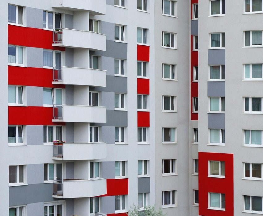 prefabricated buildings, block of flats, house, housing estate, windows, balconies, a tree